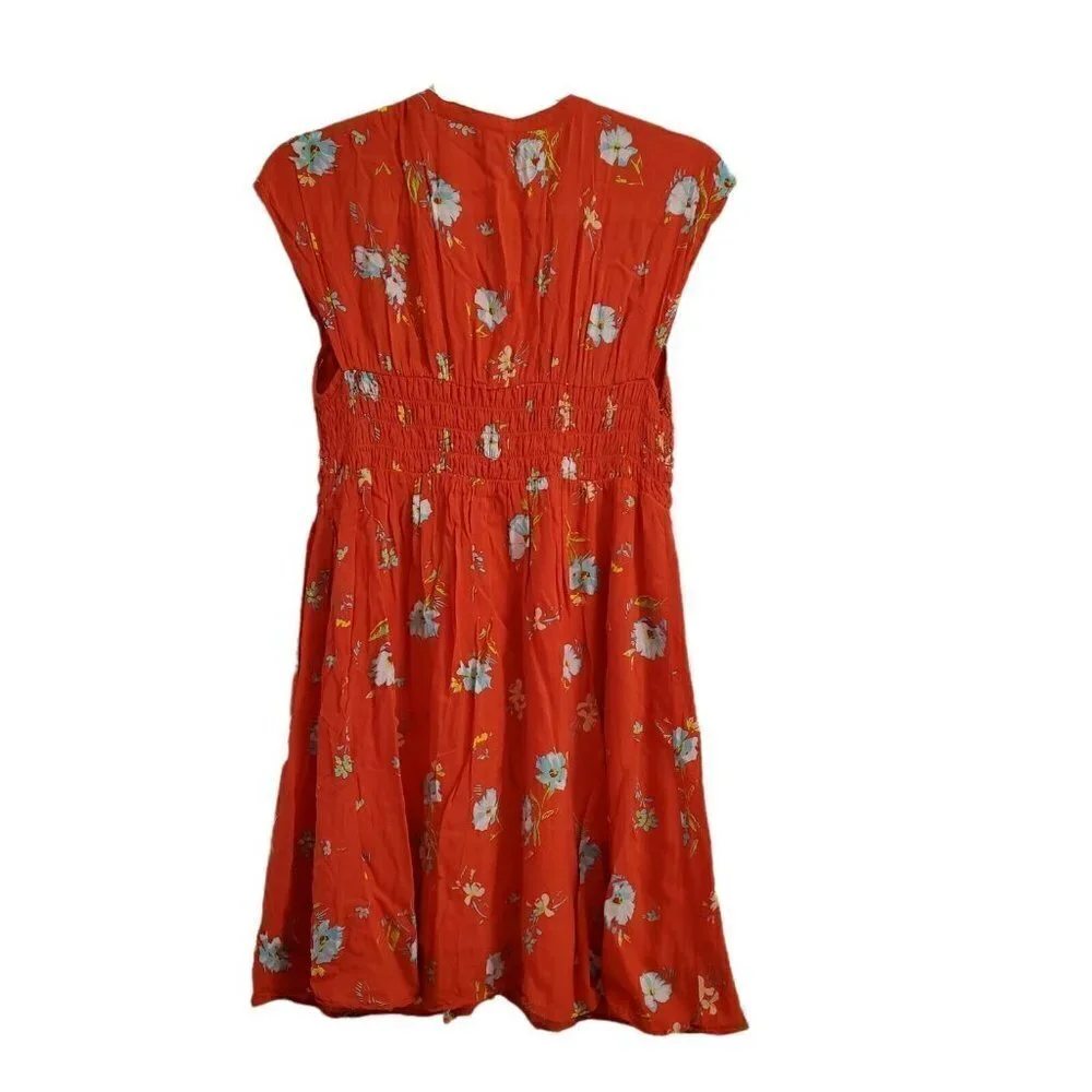 Free People‎ Mini Dress Small Red Orange Greatest Day Floral Smocked Waist Boho
